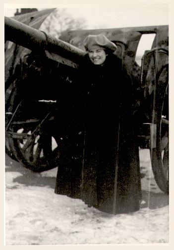 Pictured is a historic photo of Jane Grant at a World War I battlefield in France, after the war, ca. 1919.