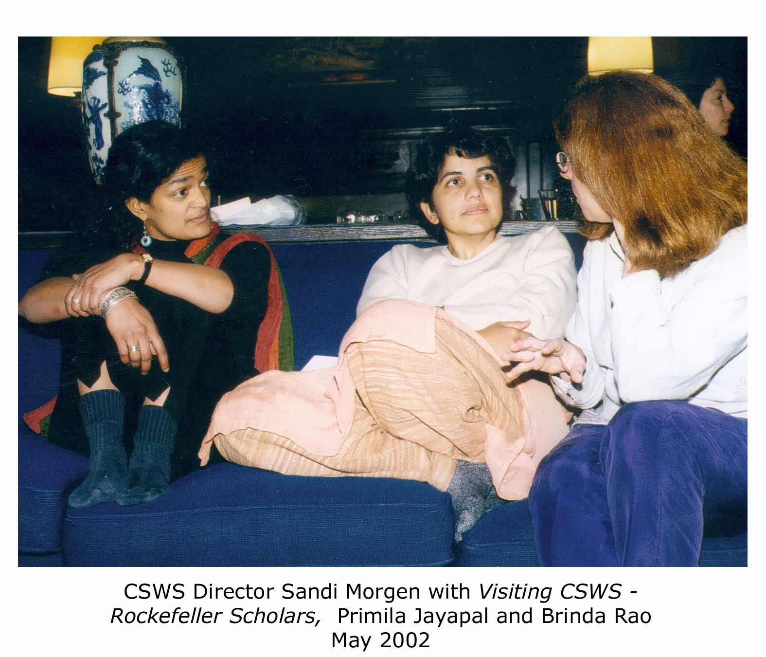 Pictured are former CSWS Director Sandi Morgen with visiting CSWS-Rockefeller Scholars Primila Jayapal and Brinda Rao in May 2002.