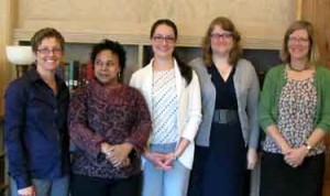 Pictured are CSWS Research Interest Group members Lise Nelson (Geography), Michelle McKinley (Law), Courtney Thorsson (English), April Haynes (History), and Liz Bohls (English).