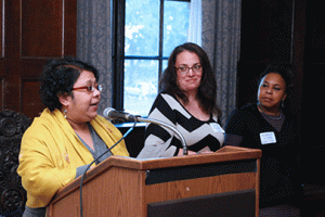 Pictured is Sangita Gopal speaking at the New Women Faculty reception.